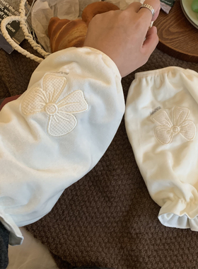 可爱蝴蝶结袖套女秋冬羽绒服防脏办公室奶白色护袖学生纯色长套袖