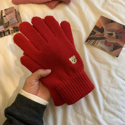 漂亮红色软糯手套女冬季加绒保暖韩版纯色小熊高级感触屏手套ins