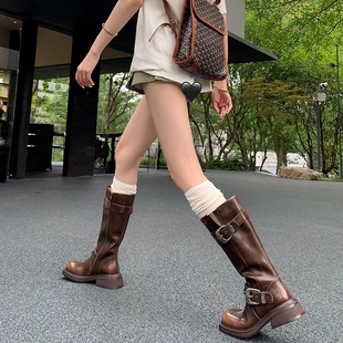 赵昭仪同款 复古擦色西部牛仔靴女2025年新款 美拉德靴子厚底长筒靴