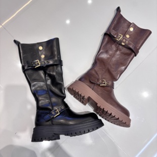 2025新款秋冬季新款小个子粗腿长筒靴骑士靴黑色厚底高筒靴子长靴