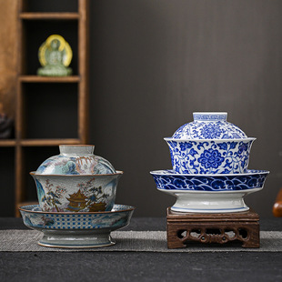 景德镇青花瓷三才盖碗单个高档功夫茶具套装泡茶碗三件套防烫