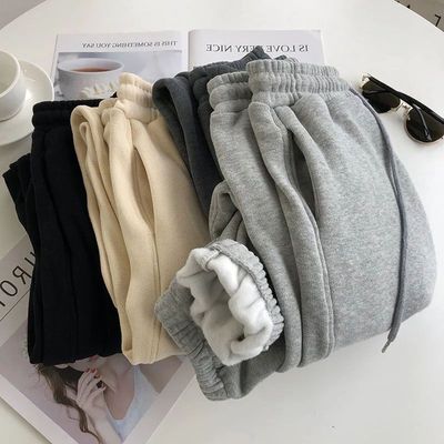 胖MM特大码200斤加绒休闲阔腿裤女冬季加厚束脚哈伦长裤保暖卫裤