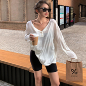 T恤宽松显瘦防晒罩衫 胖mm大码 200斤松弛慵懒感白色纽扣长袖 上衣潮