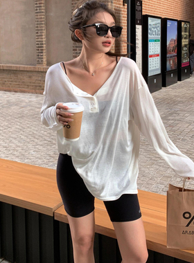 胖mm大码200斤松弛慵懒感白色纽扣长袖T恤宽松显瘦防晒罩衫上衣潮