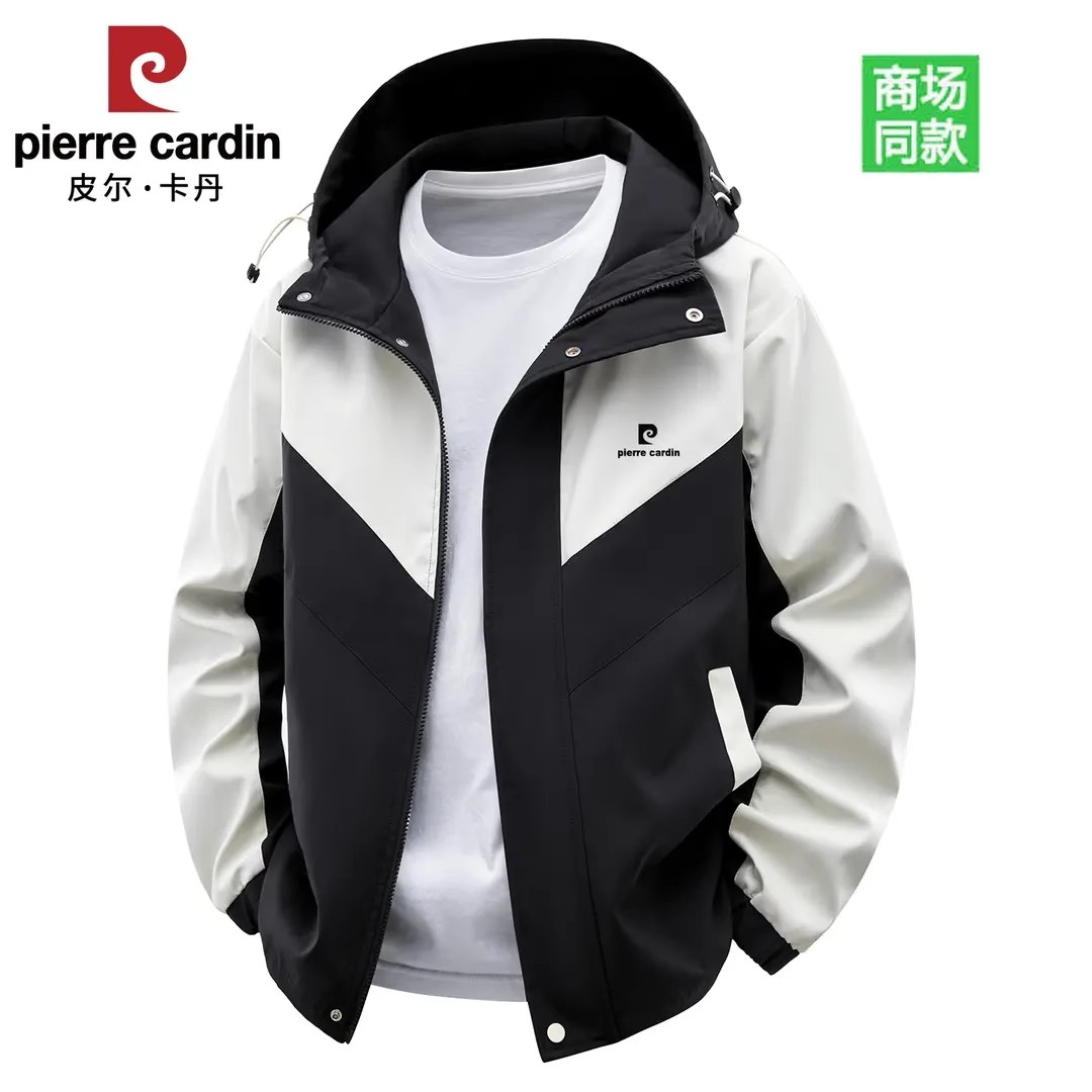 皮尔卡丹正品男士连帽夹克外套春秋季薄款防水防风冲锋衣茄克男装