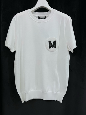 M-77 白色针织立体串珠logo短袖T恤