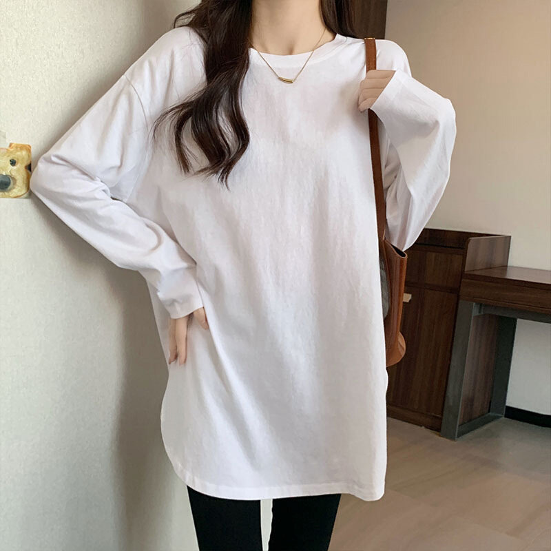 高货新品中长款t恤女装韩国2024秋季不规则宽松显瘦长袖开叉打底