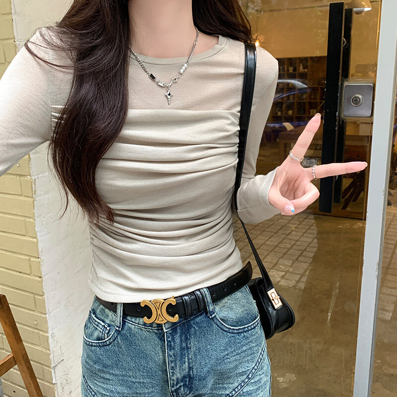 高货网纱长袖t恤女秋款设计感小众褶皱修身打底衫短款上衣潮