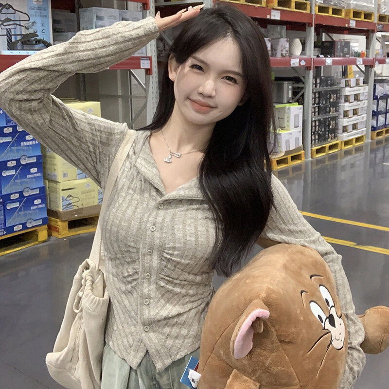 高货外贸温柔减龄风针织衫女秋季长袖翻领设计感修身显瘦气质开衫