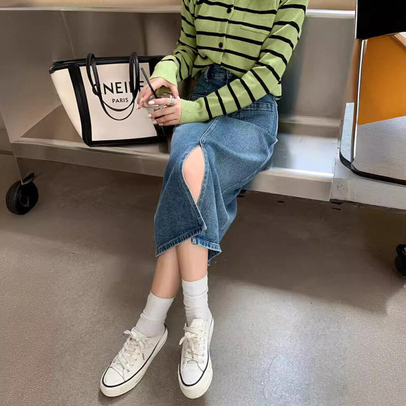 高货复古做旧牛仔半身包裙女2024新款长款秋高腰开叉小众设计感a
