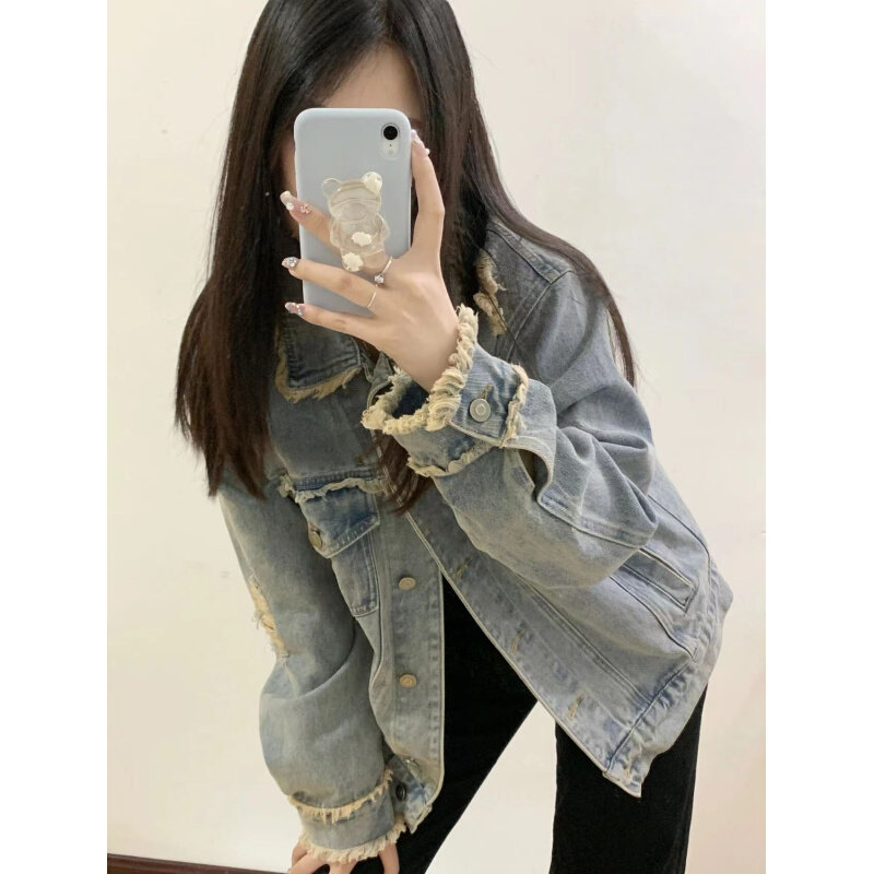 高货复古浅蓝色牛仔外套女设计感女小众2024春季新款宽松bf慵懒风