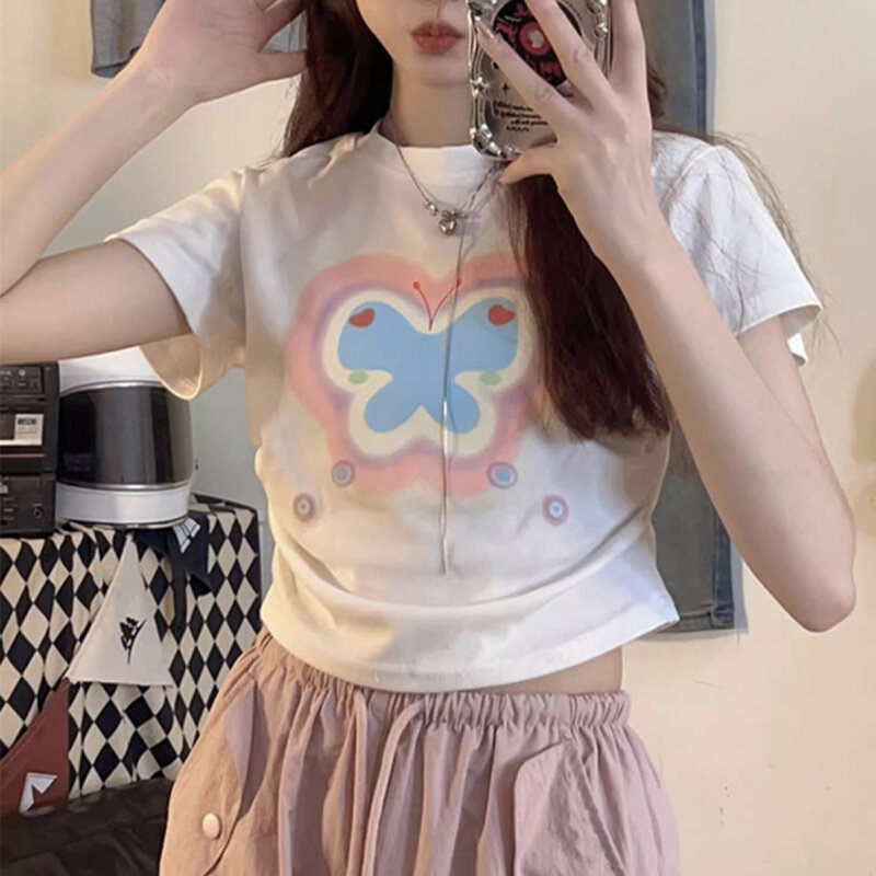 高货螺纹棉高弹力短款印花T恤女甜辣妹风显瘦学生减龄可爱印花短