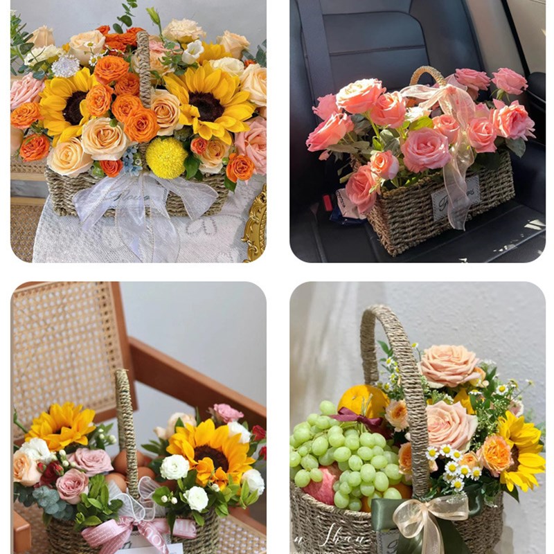速发花篮草编藤编竹编织月童果花道具插花摆件水干花子鸡蛋手提篮