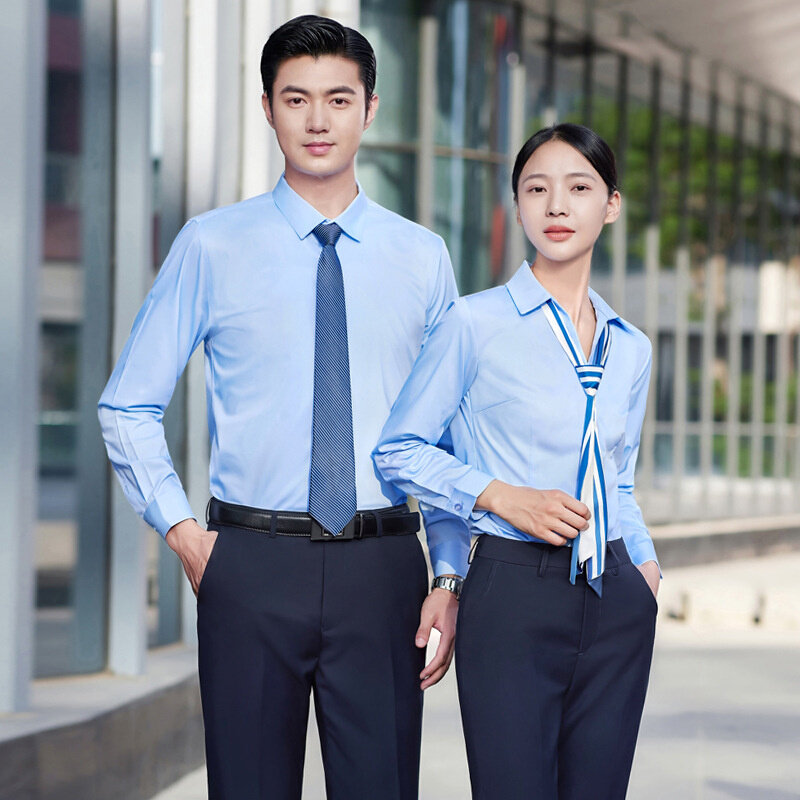 高货孔雀蓝色衬衫套装男女教师职业装衬衣4S店销售工装工作服刺绣
