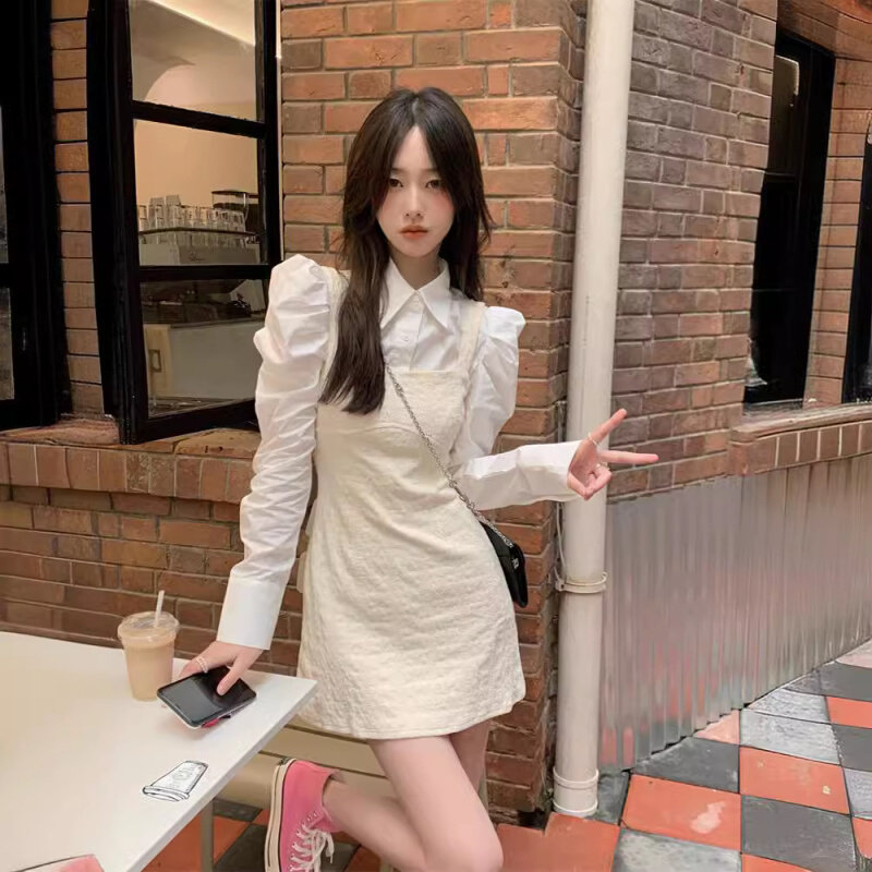 高货甜美减龄衬衫套装裙子春季新款中长款收腰背带包臀裙女春夏两