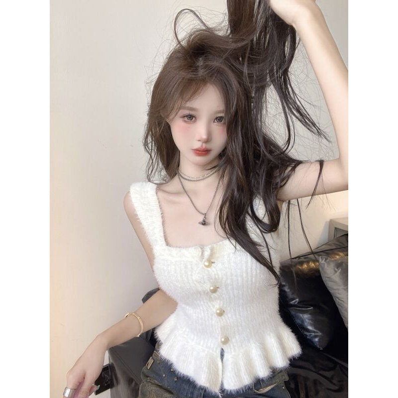 高货甜辣妹仿貂绒毛衣背心女2024秋季新款外穿抹胸吊带上衣针织打