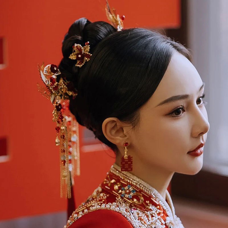速发结婚喜字耳环新中式红色旗袍新娘婚礼造型耳饰耳钉耳夹敬酒服