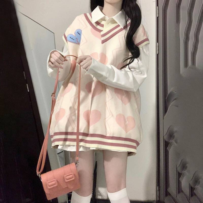 高货两件/套装学院风甜美可爱爱心撞色针织衫毛衣马甲背心女+白色