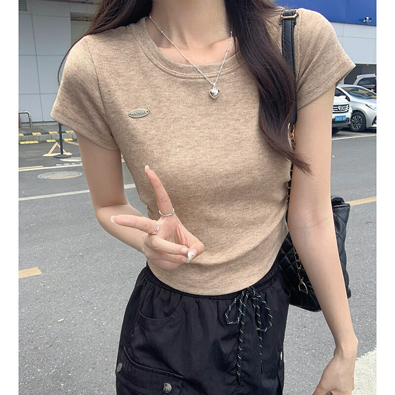 高货港味复古内搭刺绣短袖T恤女夏季修身打底小众设计感上衣