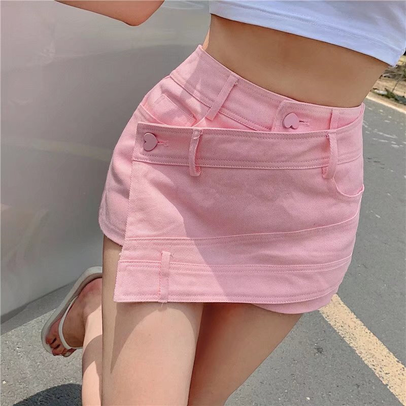 高货韩版不规则拼接裤裙高腰显瘦防走光牛仔裤女夏季小个子百搭短