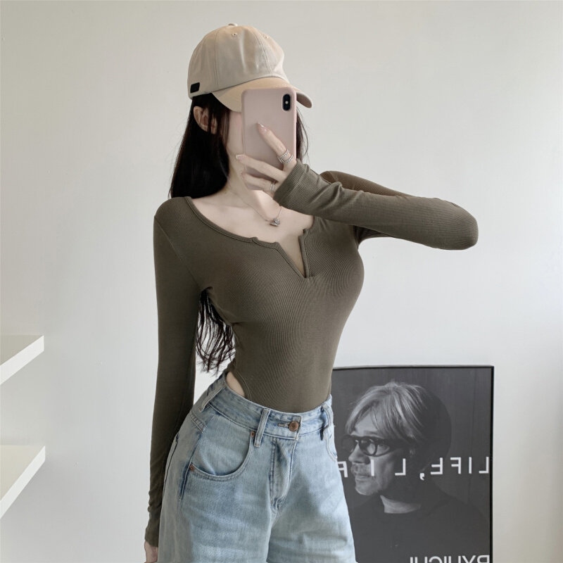 高货性感连体T恤女莫代尔人棉V领低胸露锁骨紧身时尚ins辣妹女装