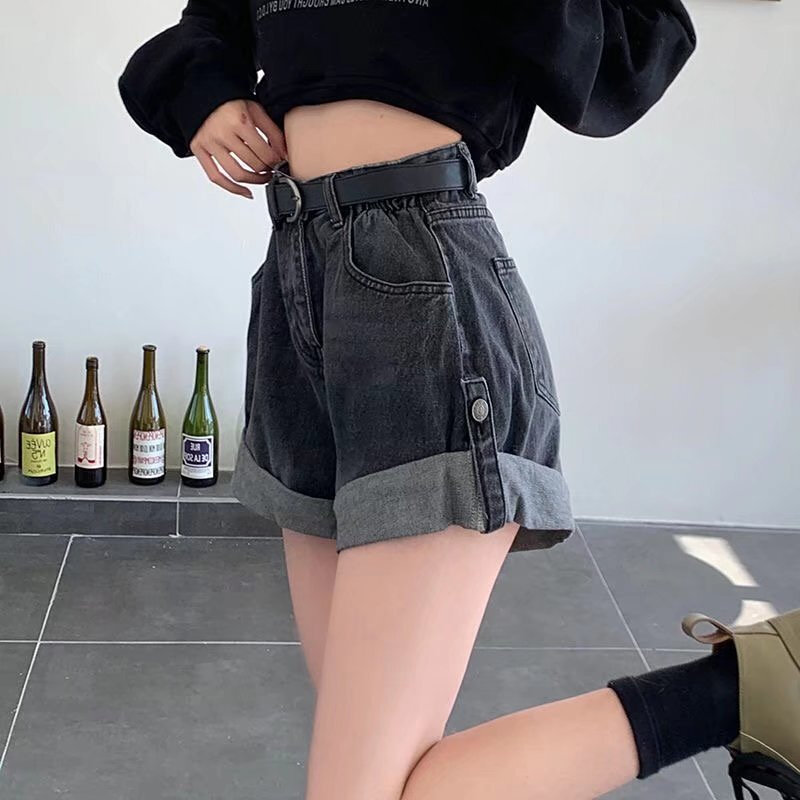 高货潮流复古卷边牛仔短裤女2024夏季新款高腰显瘦宽松阔腿A字热