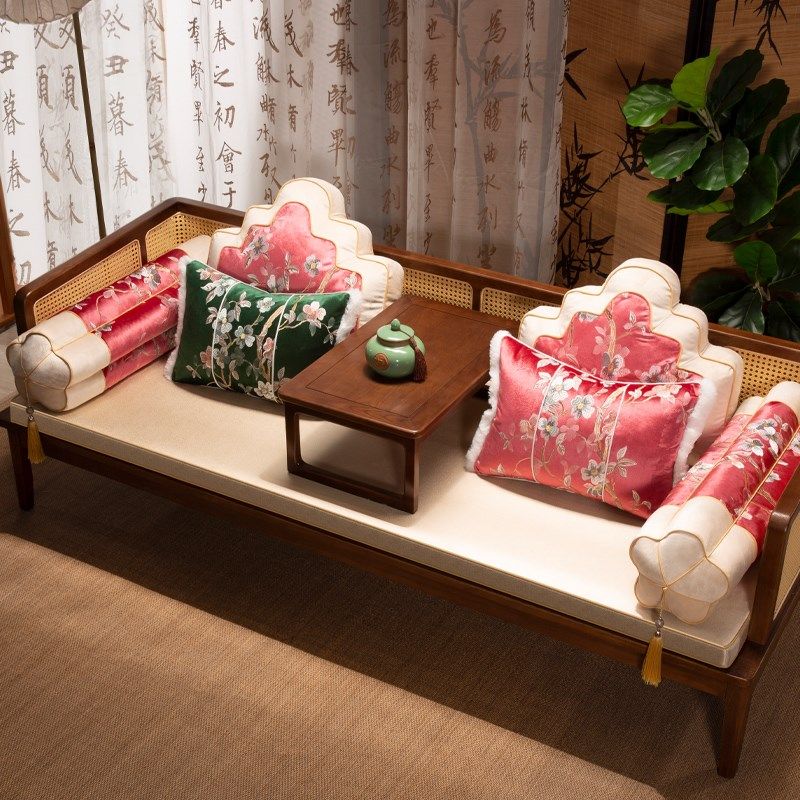 速发红木坐高中式罗汉床防滑实木绒发榻套罩垫级感飘窗垫沙布垫子