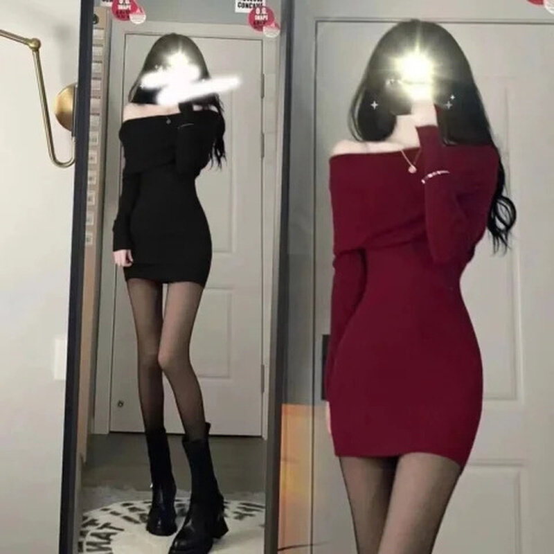 高货秋款女装网红新款高级感长袖一字肩针织连衣裙红色包臀短裙子