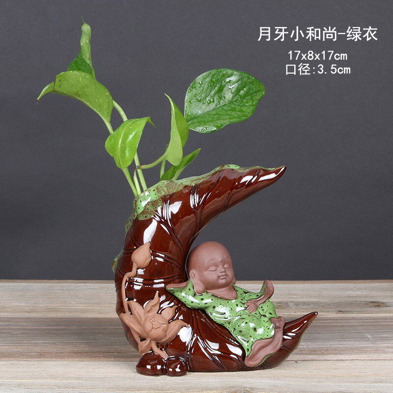 速发创意紫砂窑变水培花瓶绿萝铜钱草水养植物荷器花容月盆小和尚