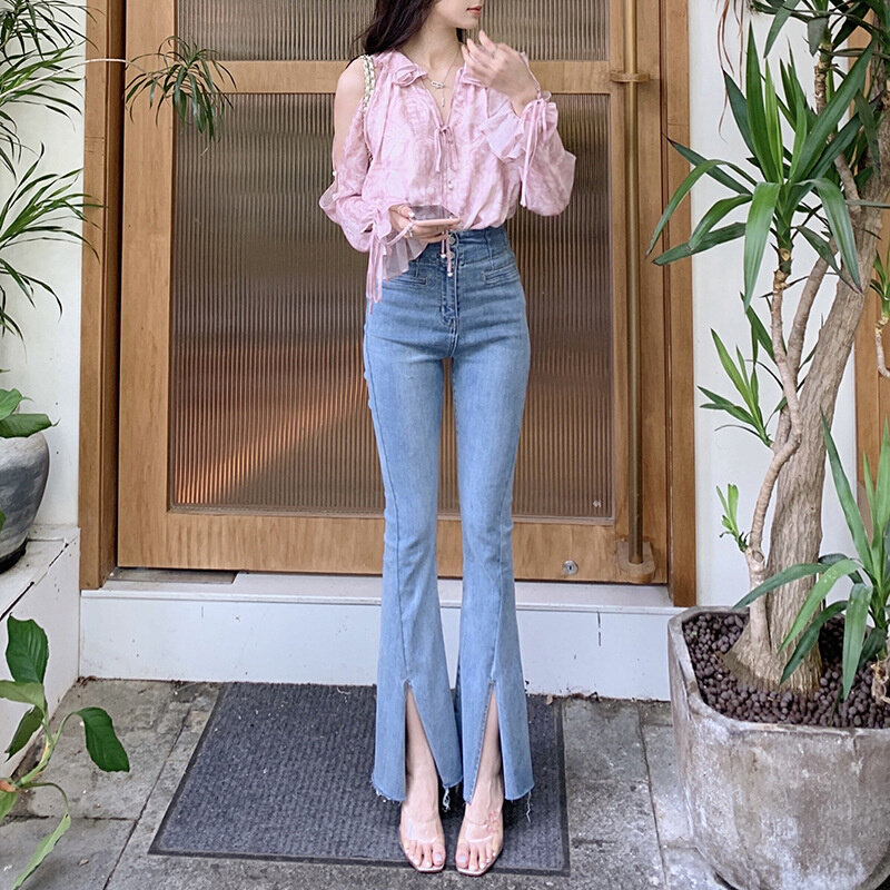 高货【腰臀比】 夏季新款修身显瘦高腰显腿长开衩牛仔裤女