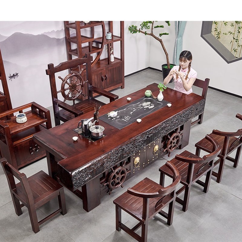 速发办船木茶桌椅组合式公室实木茶台功夫茶几泡喝新中老台热卖简