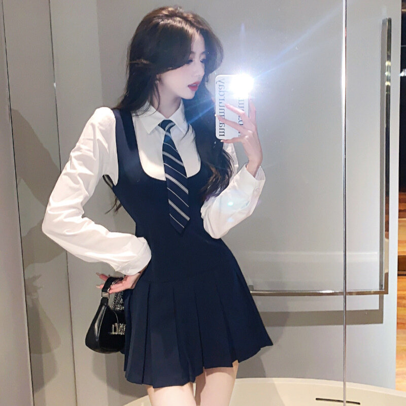 高货马甲背心连衣裙女2024秋季高腰显瘦学院风a字百褶裙白色衬衫