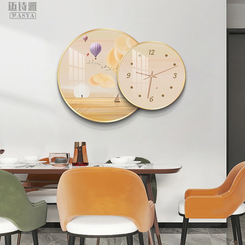 速发餐厅意饰画创装圆形带钟表组合画风景饭厅背景墙餐桌歺厅挂画