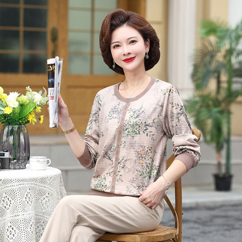 高货妈妈装春秋新款小碎花圆领套头卫衣T恤小衫中老年气质打底薄