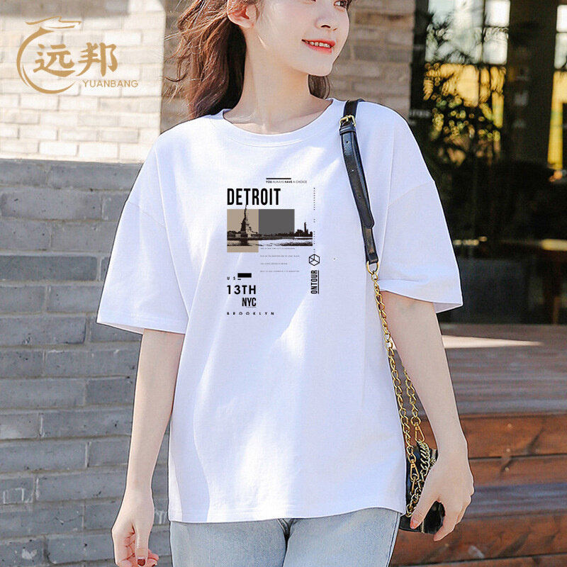 高货夏季韩版宽松清新棉短袖t恤女装圆领套头打底上衣印花外贸品