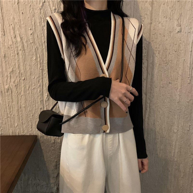 高货复古撞色v领针织开衫女春秋马甲背心设计感小众宽松百搭无袖