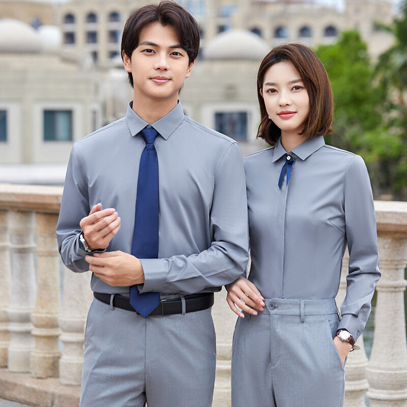 高货长袖修身竹纤维衬衫工作服男女职业套装工装白色衬衣正装印LO