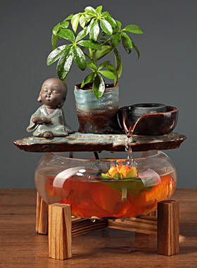 速发客流小型鱼缸厅水摆件桌面喷泉循环水植物盆栽办公室招财开业