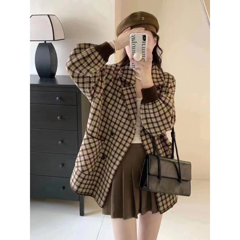 高货2024新款外套长袖毛呢短款西服领外套女设计感格纹春秋款外套