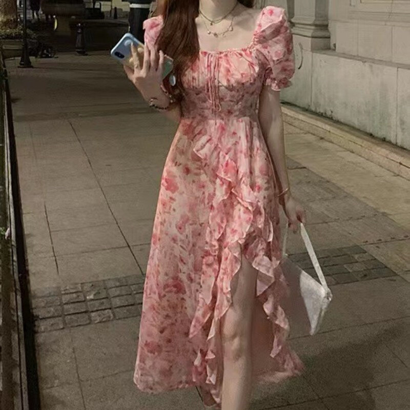 速发粉色甜美泡泡袖大摆碎花连衣裙女韩国夏季海边度假短袖纯欲A图片