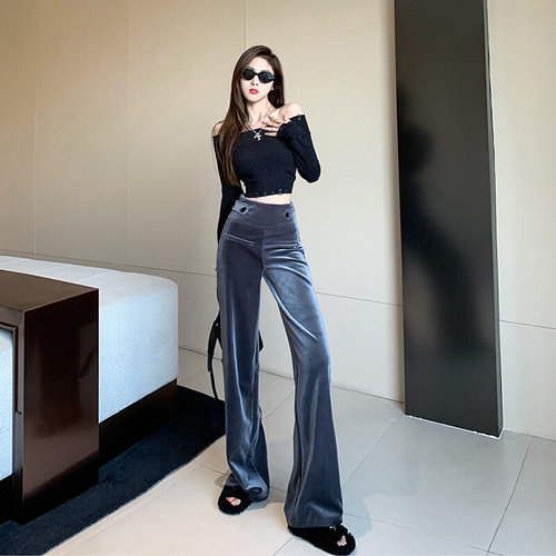 高货设计感灰色金丝绒阔腿裤女侧拉链超高腰收腹休闲拖地长裤春秋