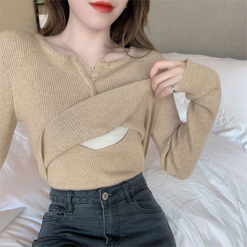 速发毛衣春秋季哺乳衣上衣外出打底衫时尚辣妈款喂奶衣孕妇装外穿