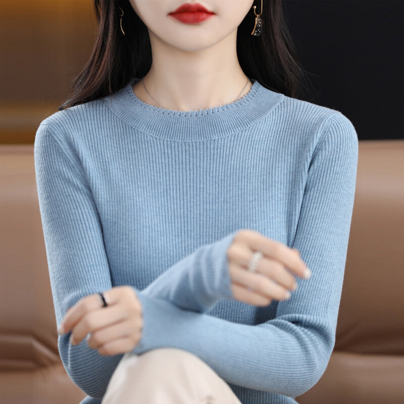 高货春秋新款精纺羊毛衫女打底薄款毛衣套头圆领简约气质