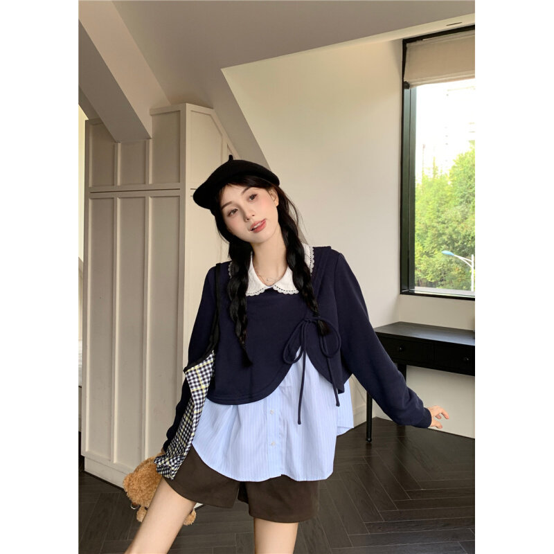 高货慵懒风短款圆领蝴蝶结卫衣女秋季小个子娃娃领条纹内搭衬衫两