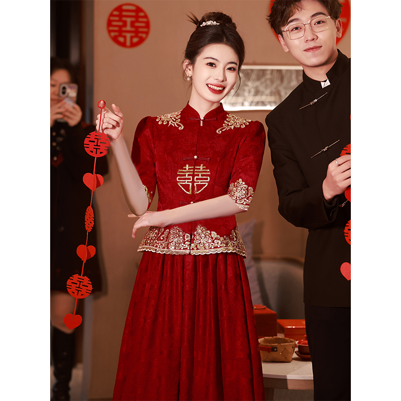 速发新中订秀禾旗袍敬酒服新娘红色式婚出阁婚礼服裙结宴回门便装