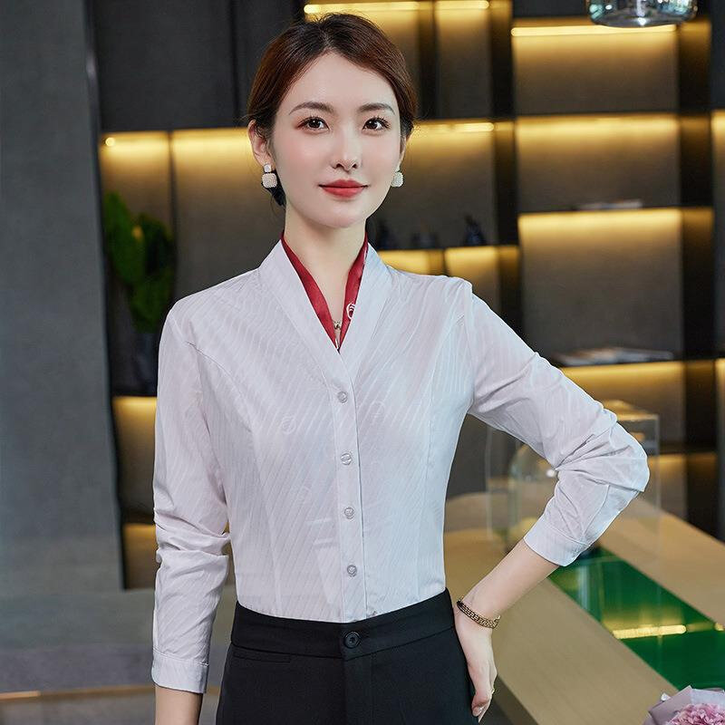 高货秋季白衬衣女打底V领长袖衬衫职业装女空姐空乘航空技工学校