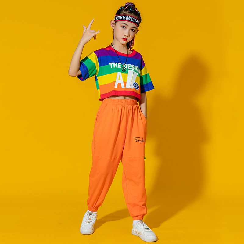 速发童露脐街舞服儿童彩虹模特走秀服少儿hiphop套装爵士舞表演服