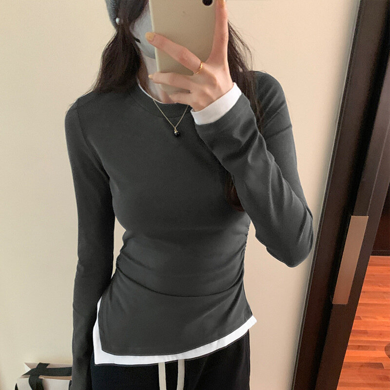 高货2024春季女装上衣设计感洋气女装撞色假两件不规则打底衫T血
