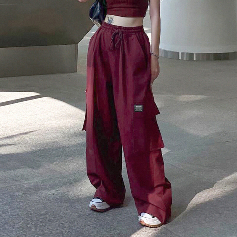 高货工装风口袋抽绳宽松阔腿遮肉显瘦运动休闲裤女2024夏欧美梭织