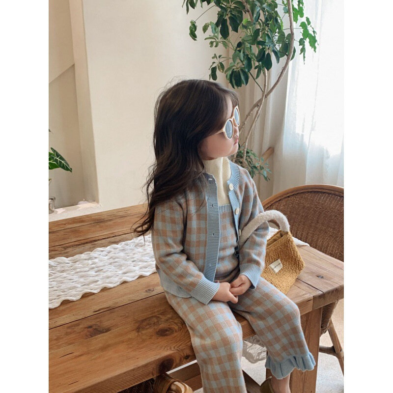 高货儿童针织套装2024秋季小清新格子针织套装女童甜美洋气毛衣三